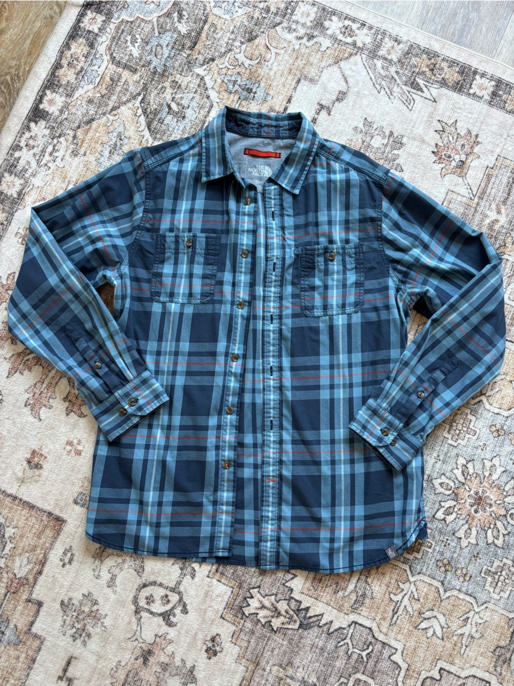 The North Face Men's Blue Plaid Button-Up Shirt - Casual Long Sleeve